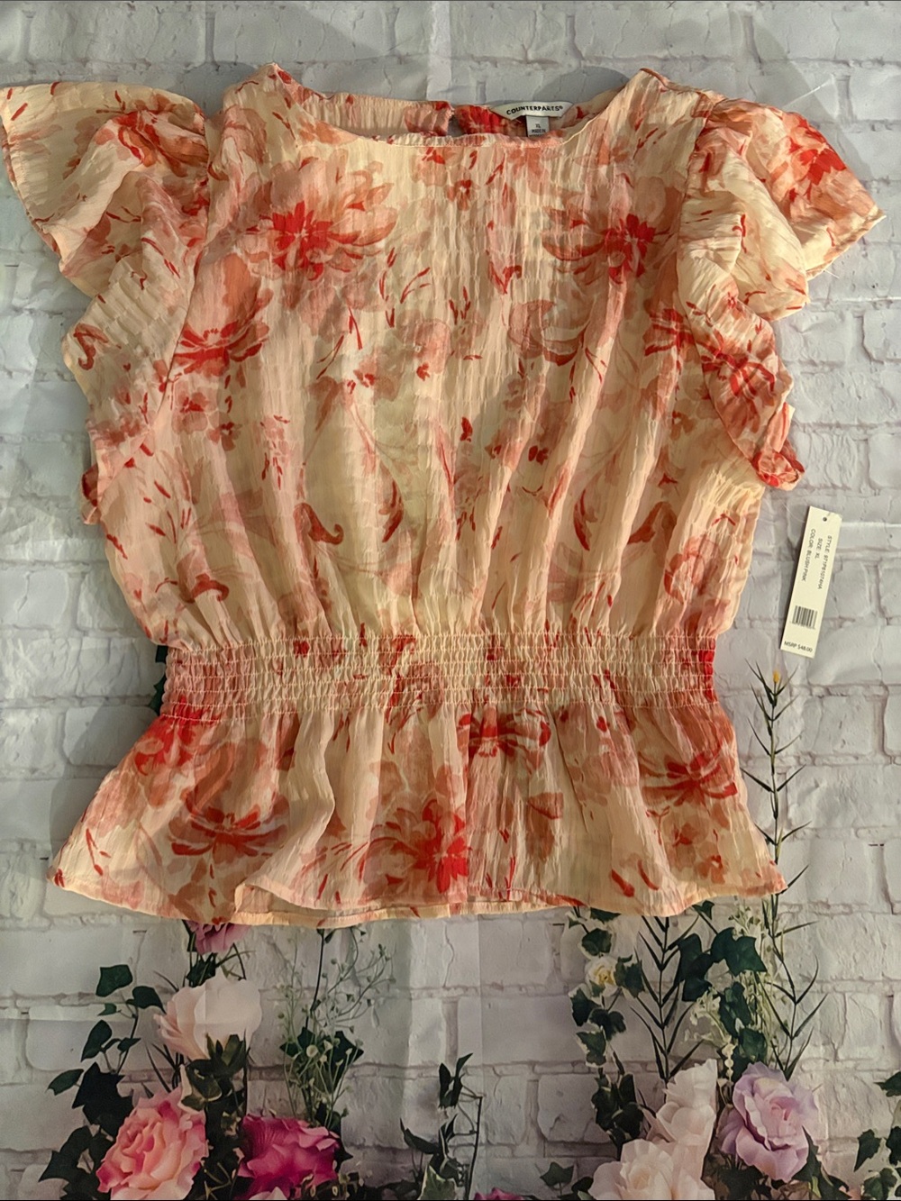 Counterparts Cream Blouse with Coral Floral Print and Ruffle Sleeves